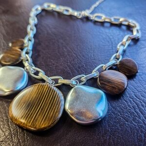 Chunky Chain Statement Necklace Brown Resin Disc Mixed Metal Boho Artisan Style